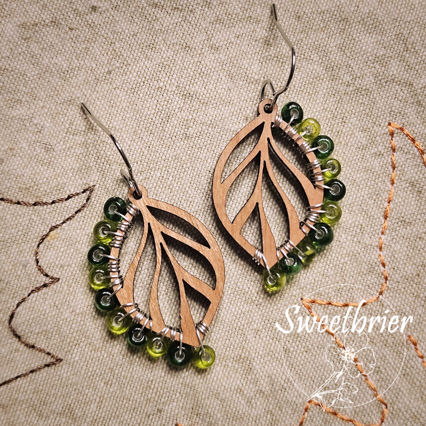 Green Glass Leaf Earrings