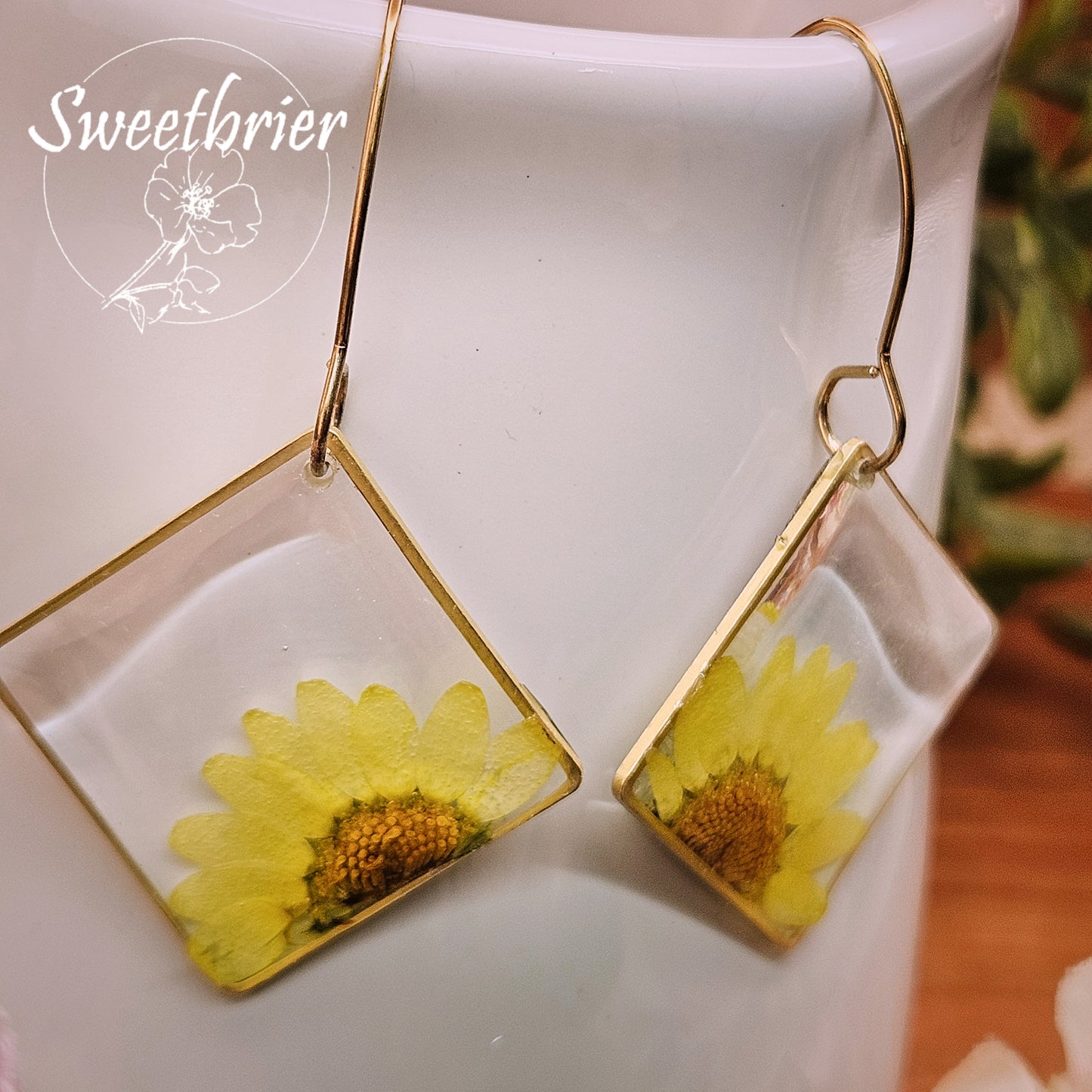 Yellow Daisy Diamond Drop Earrings