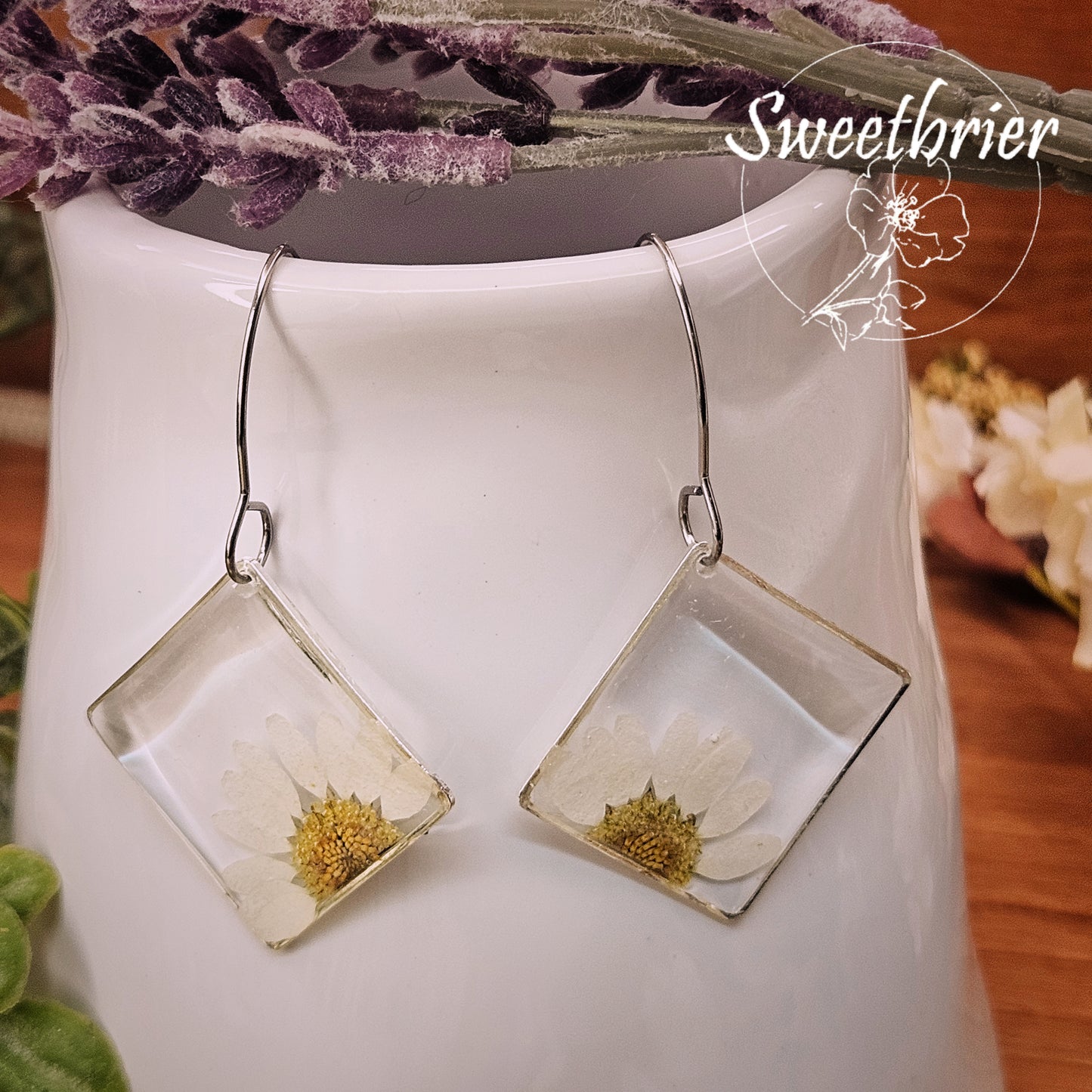 White Daisy Diamond Drop Earrings