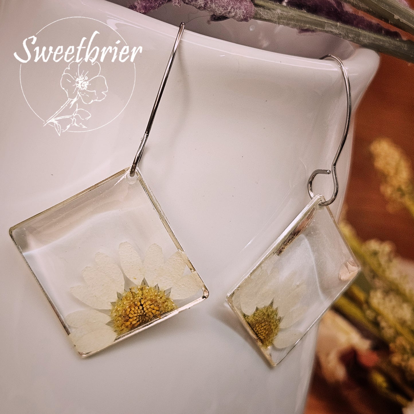 White Daisy Diamond Drop Earrings